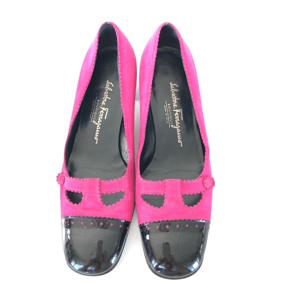 ♦️SOLD♦️SALVATORE FERRAGAMO Pink Suede Black Patent Leather Cap Toe Flat Loafer - Picture 3 of 14